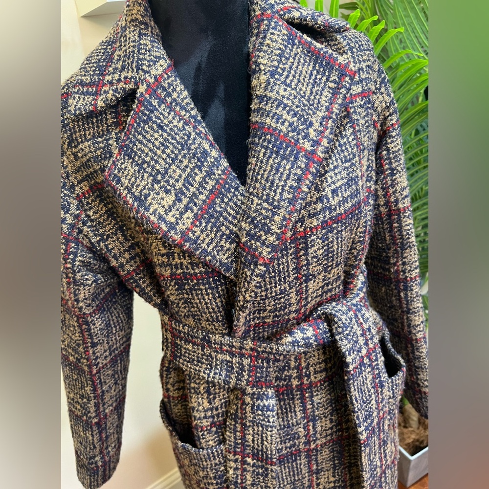 Express Plaid Wrap Oversized Tan Navy Red Trench Coat w/ Removable Belt XS - Picture 5 of 10